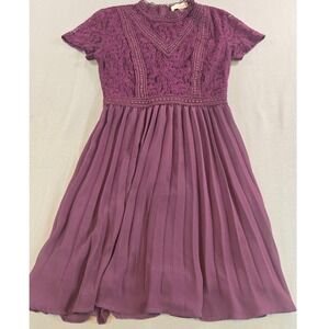 Francesca's Mini Dress Women XS Purple Lace Pleated Mock Neck Short Sleeve